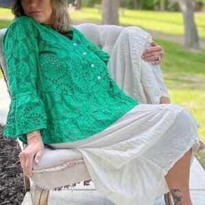 JADED GYPSY New Beginnings Green Eyelet Embroidered Button Up Peplum Blouse